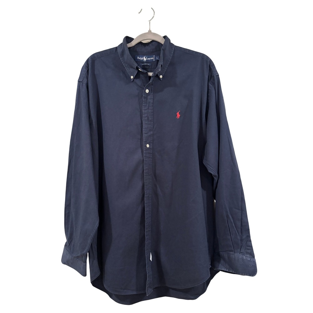 Ralph Lauren Shirt Mens Large Navy Blue Cotton Button Down Red Pony Long Sleeve
